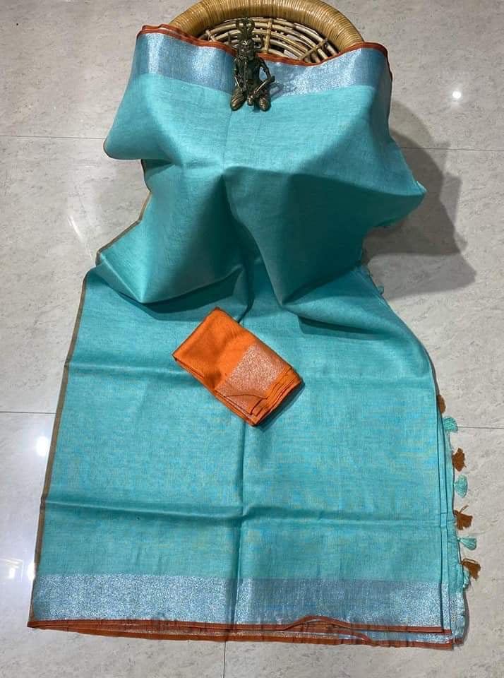 Blue Shade Handmade Pure Linen Saree | Red Border | KIHUMS Saree