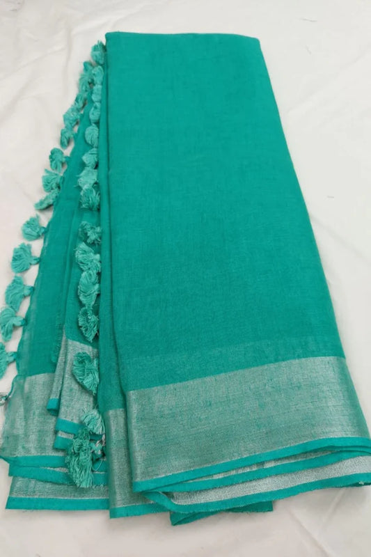 Turquoise Shade Handmade Pure Linen Saree | KIHUMS Saree