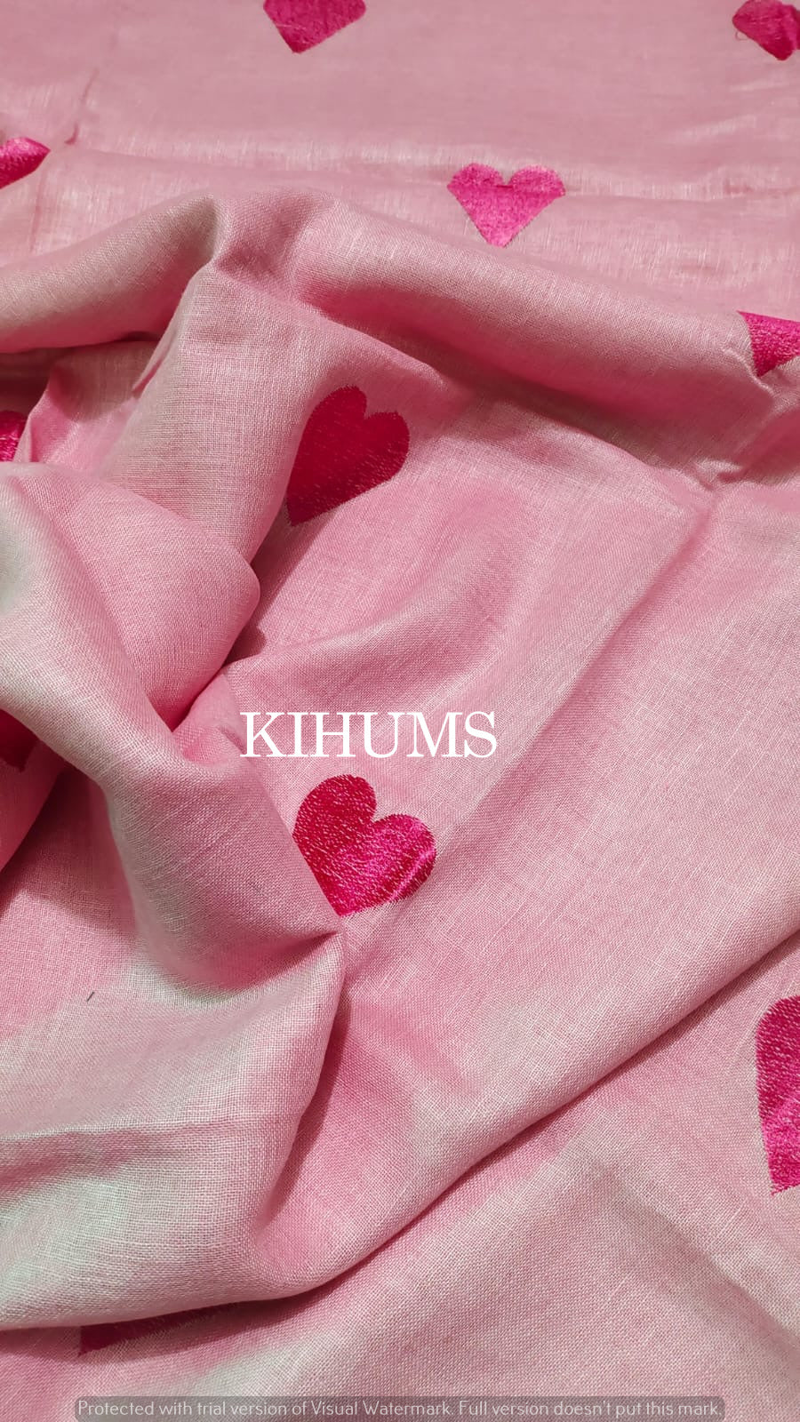 Pink Handwoven Linen Saree with Heart Embroidery Work | KIHUMS Saree