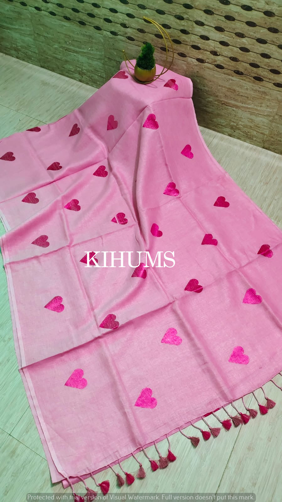 Pink Handwoven Linen Saree with Heart Embroidery Work | KIHUMS Saree