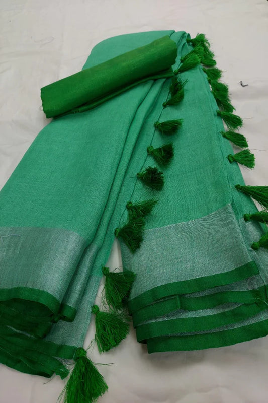 Green  Handmade Pure Linen Saree | KIHUMS Saree