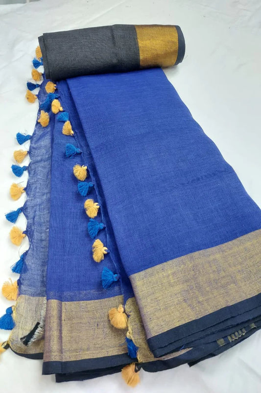 Blue Handmade Pure Linen Saree | KIHUMS Saree