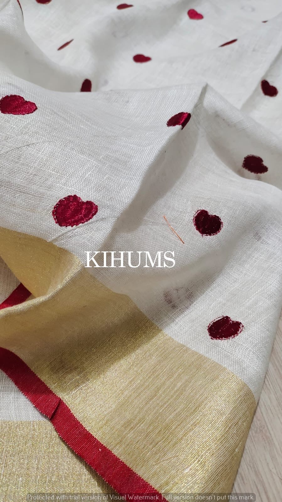 White Handwoven Linen Saree with Embroidery Work | Gold Zari Border | KIHUMS Saree