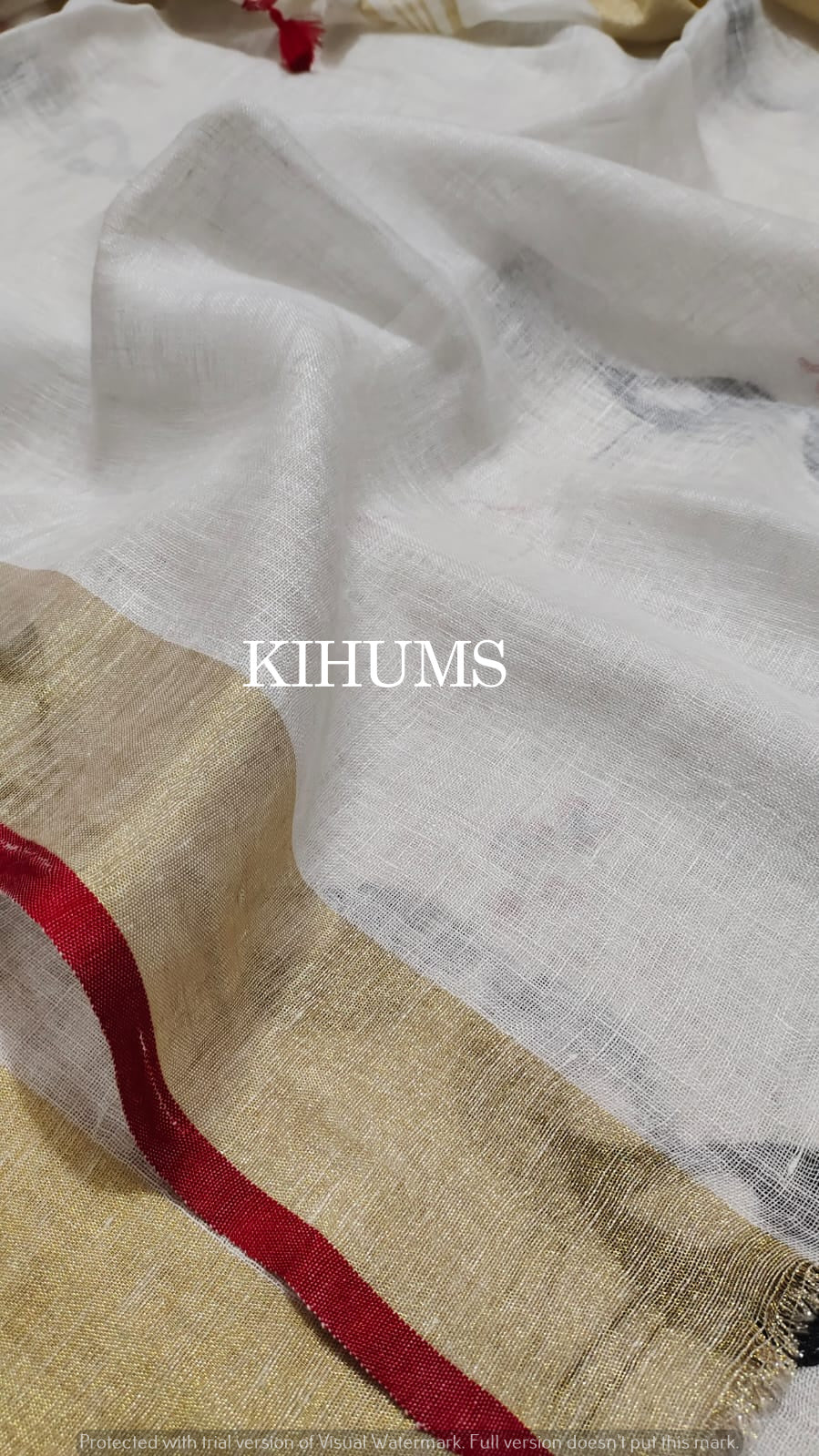 White Handwoven Linen Saree with Embroidery Work | KIHUMS Saree