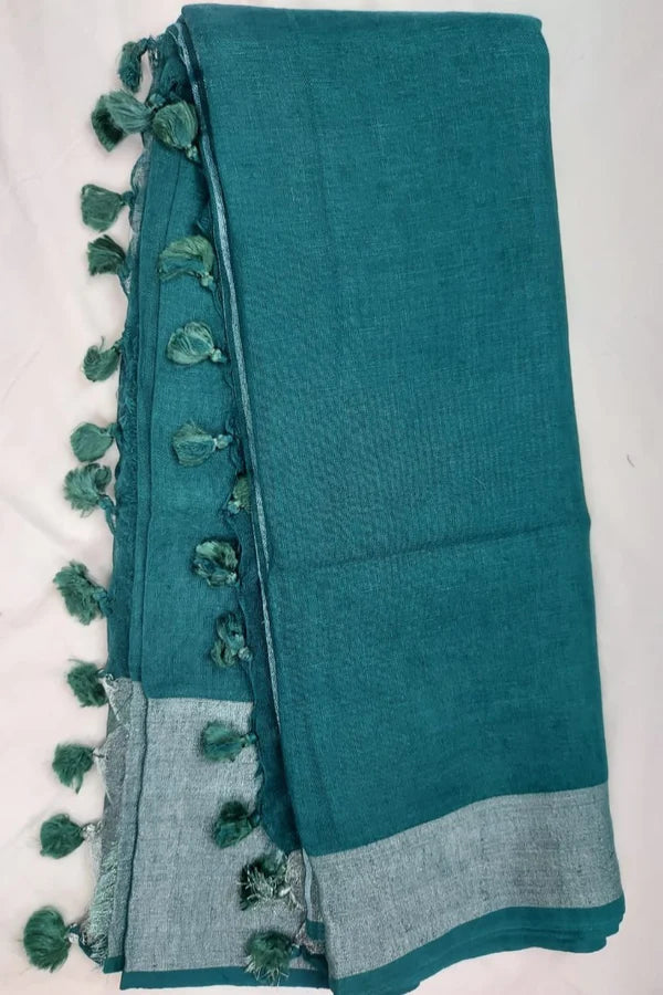 Sea Green Handmade Pure Linen Saree | KIHUMS Saree