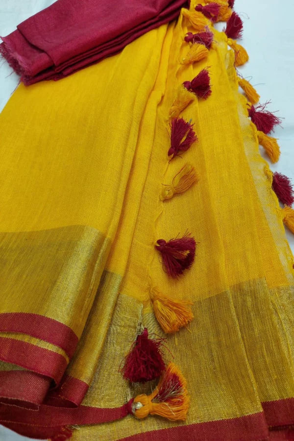 Yellow Handmade Pure Linen Saree | KIHUMS Saree