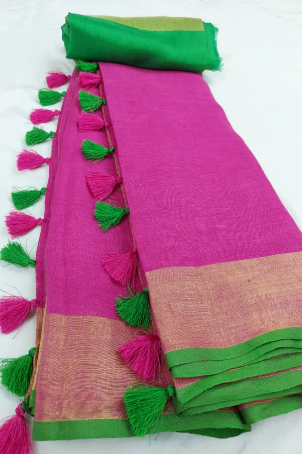 Pink Handmade Pure Linen Saree | KIHUMS Saree