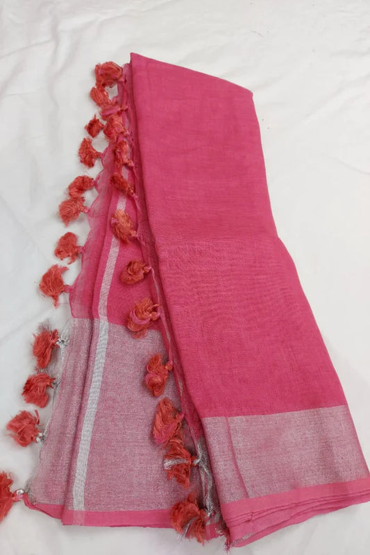 Pink Handmade Pure Linen Saree | KIHUMS Saree
