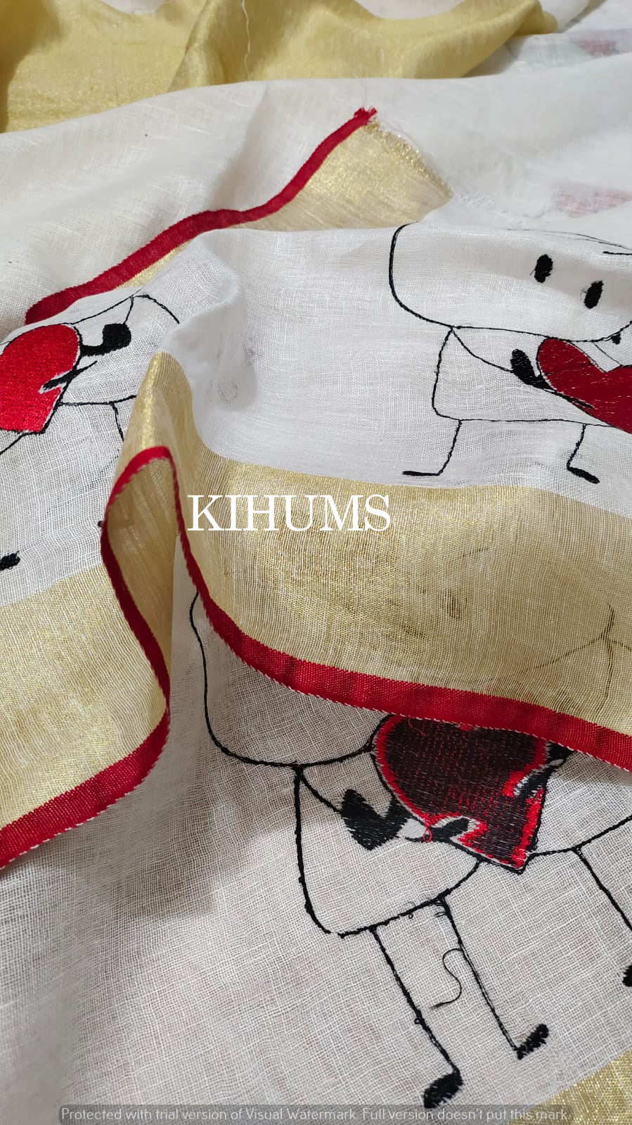 White Handwoven Linen Saree with Embroidery Work | KIHUMS Saree
