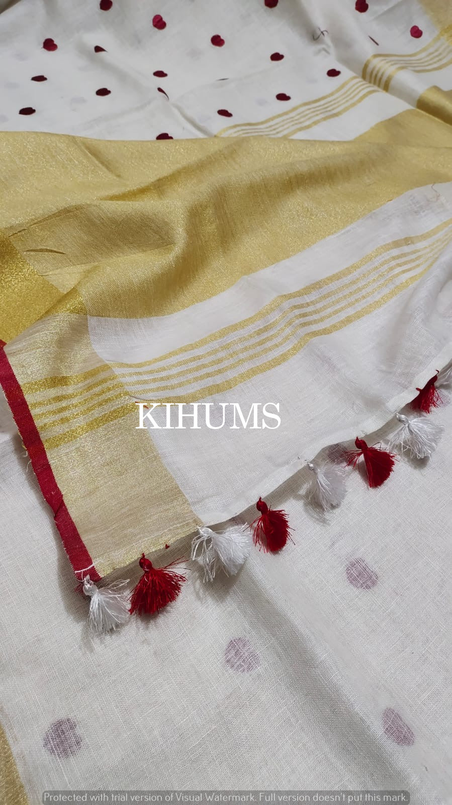 White Handwoven Linen Saree with Embroidery Work | Gold Zari Border | KIHUMS Saree