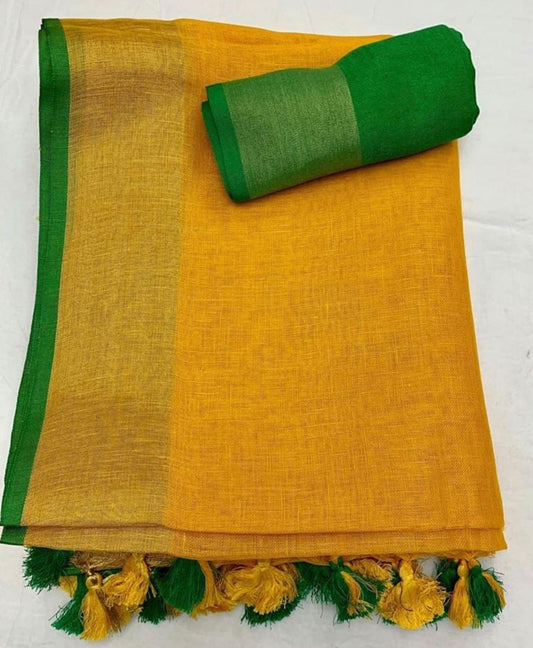 Yellow Shade Handmade Pure Linen Saree | KIHUMS Saree