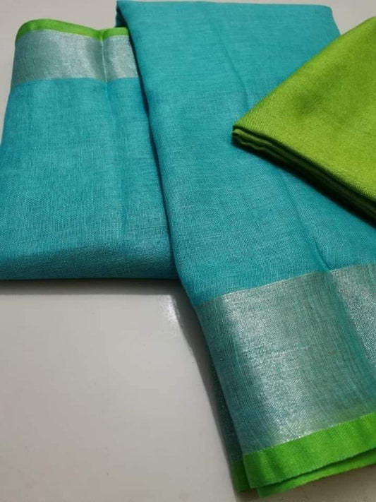 Turquoise shade Handmade Pure Linen Saree | KIHUMS Saree