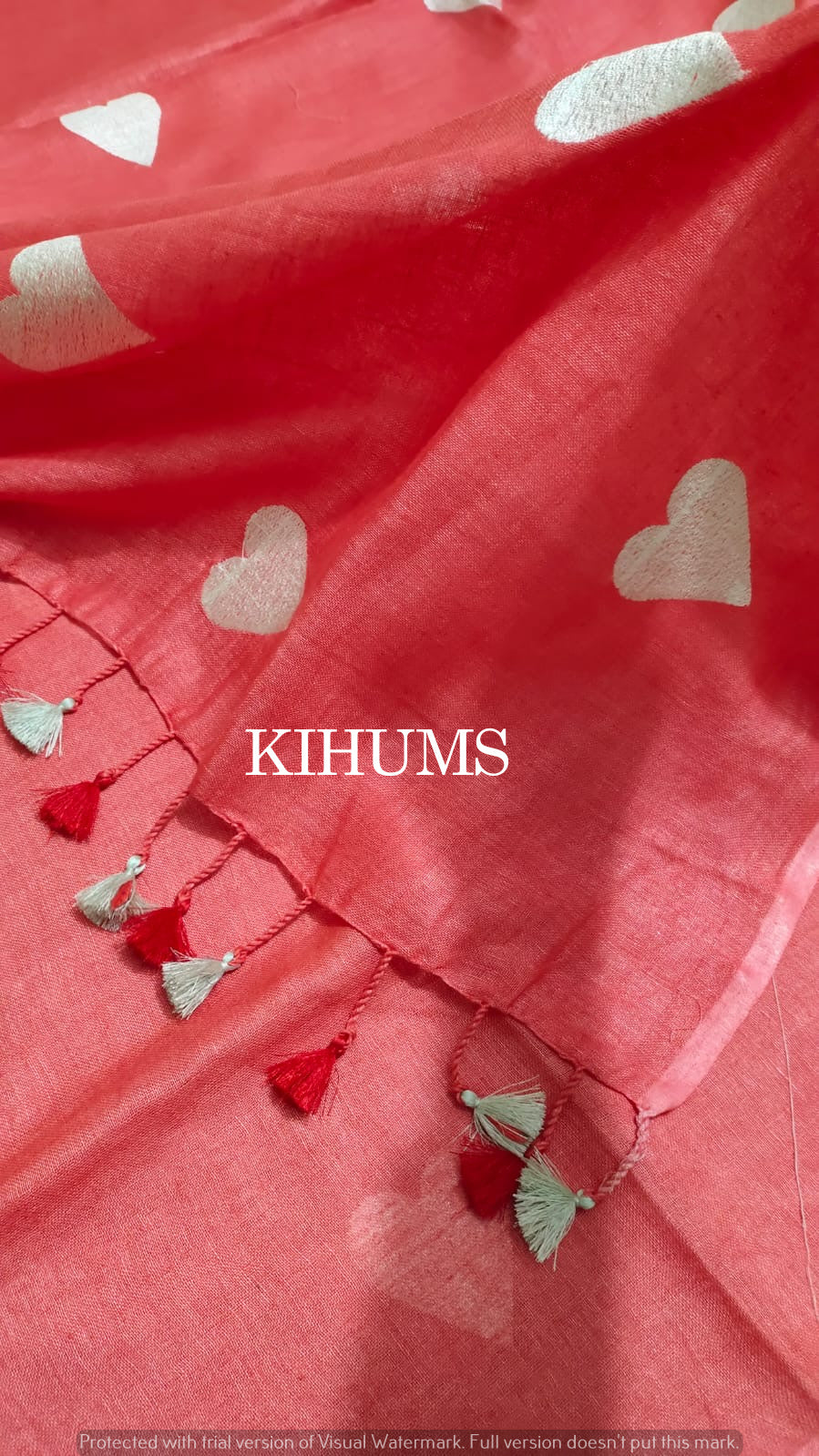 Red Handwoven Linen Saree with Heart Embroidery Work | KIHUMS Saree