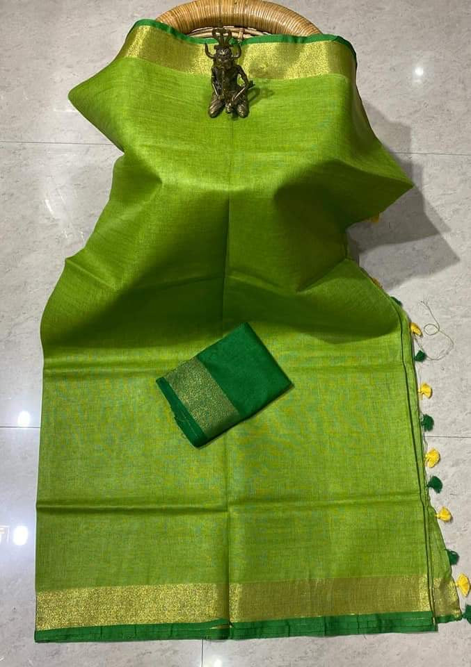 Green Shade Handmade Pure Linen Saree | KIHUMS Saree