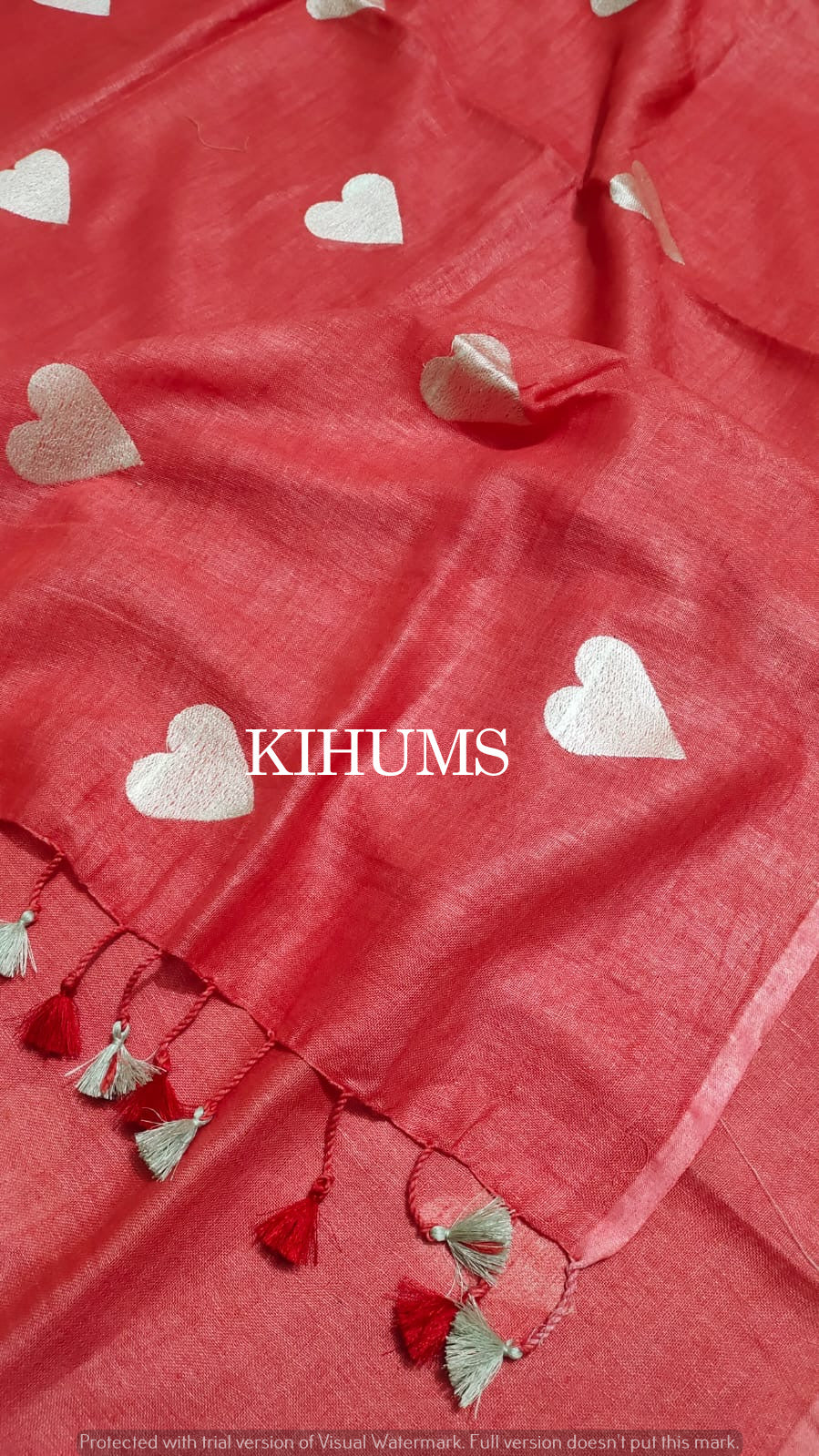 Red Handwoven Linen Saree with Heart Embroidery Work | KIHUMS Saree