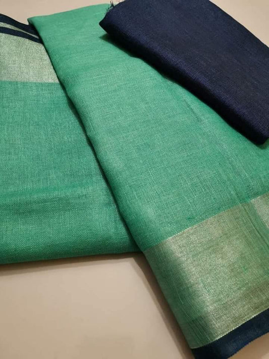 Green shade Handmade Pure Linen Saree | KIHUMS Saree
