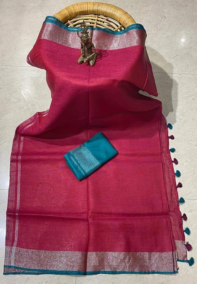 Hot Pink Shade Handmade Pure Linen Saree | KIHUMS Saree
