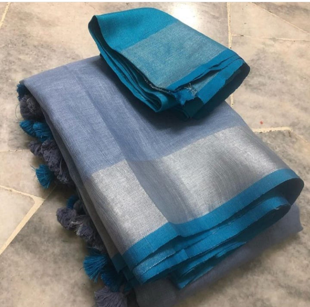 Blue Shade Handmade Pure Linen Saree | KIHUMS Saree