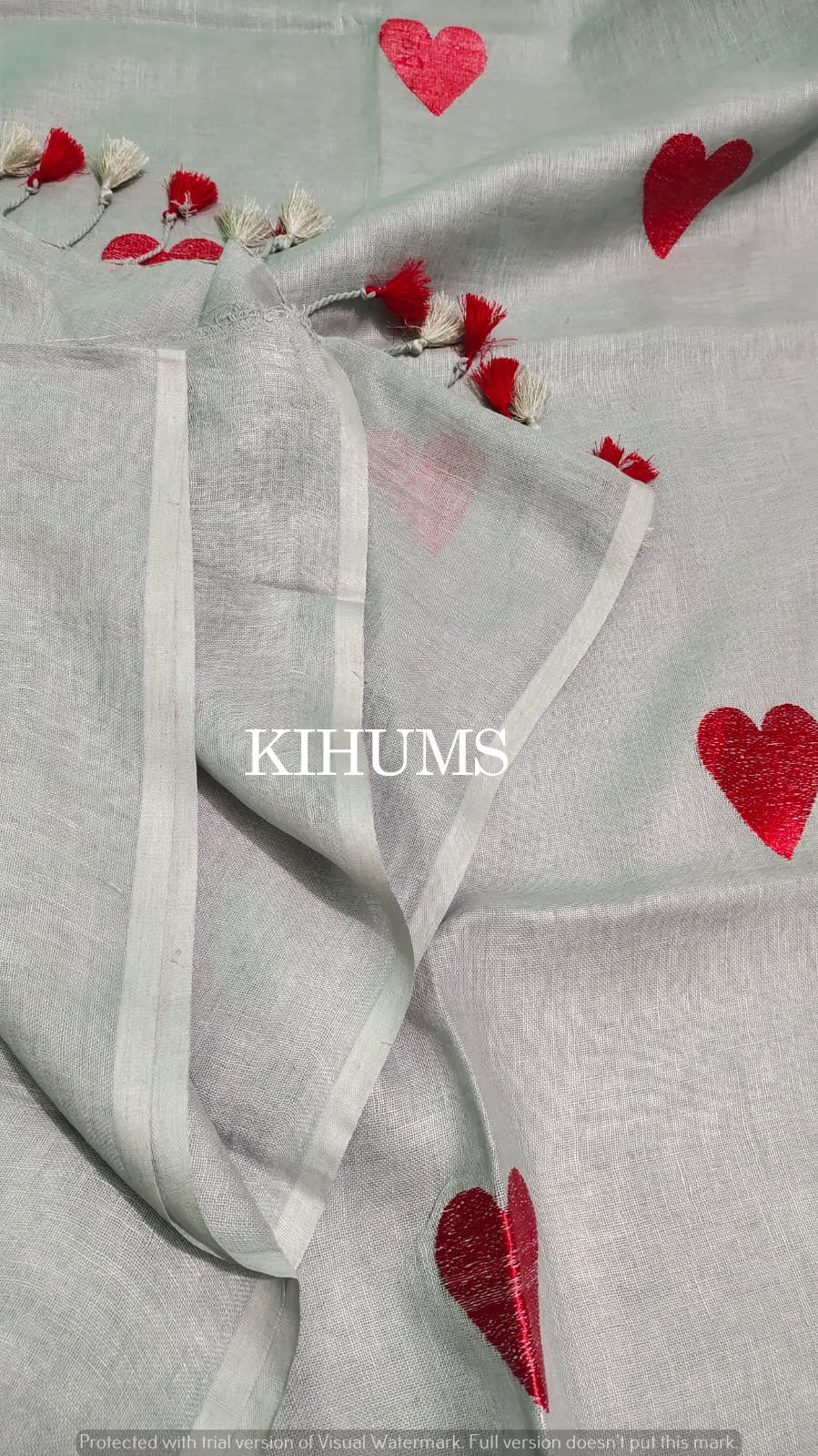 Ash grey Handwoven Linen Saree with Heart Embroidery Work | KIHUMS Saree