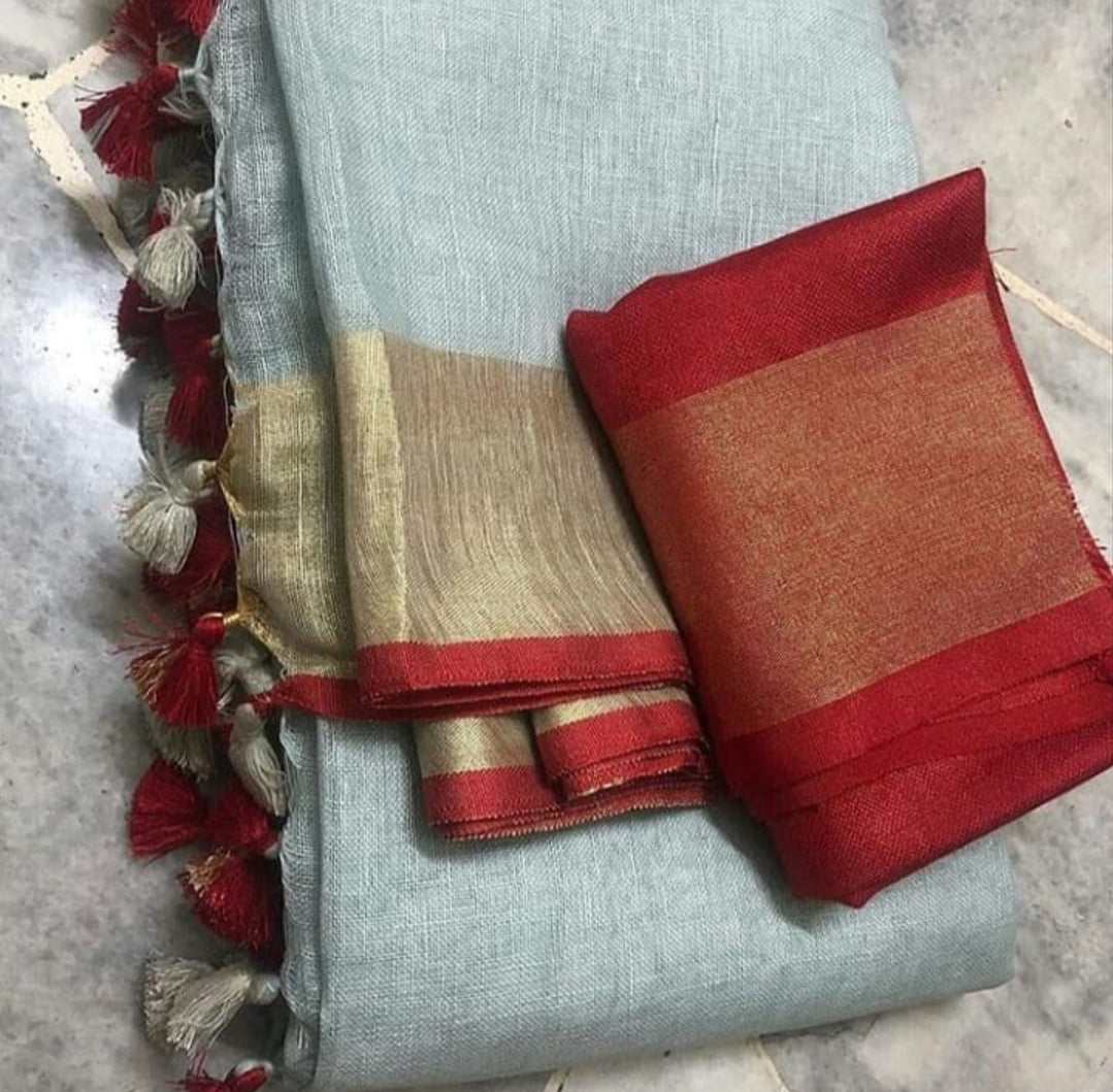 Light Blue Shade Handmade Pure Linen Saree | KIHUMS Saree