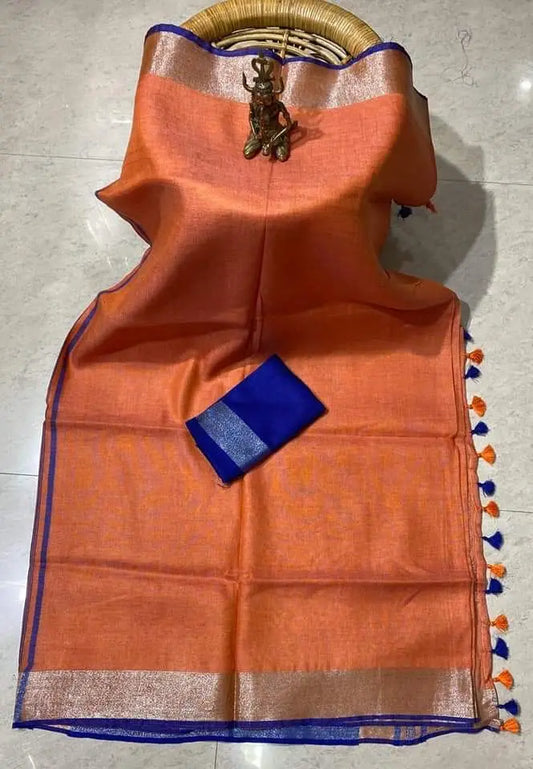 Orange Shade Handmade Pure Linen Saree | KIHUMS Saree