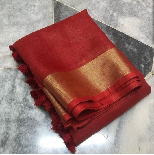 Red Shade Handmade Pure Linen Saree | KIHUMS Saree