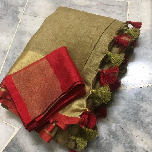 Brown Beige Shade Handmade Pure Linen Saree | KIHUMS Saree