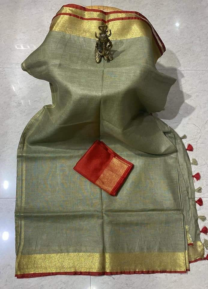 Mehndi green Shade Handmade Pure Linen Saree | KIHUMS Saree