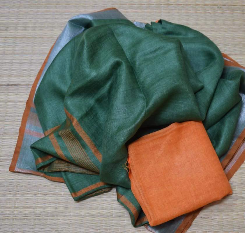 Green Handmade Pure Linen Saree | KIHUMS Saree