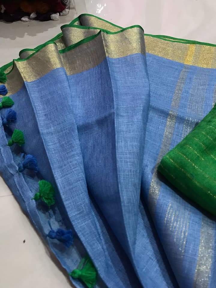 Blue Handmade Pure Linen Saree | KIHUMS Saree