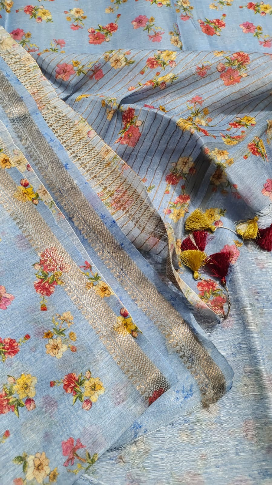 Pastel Blue Shade Floral Printed Silk Linen Saree | KIHUMS Saree