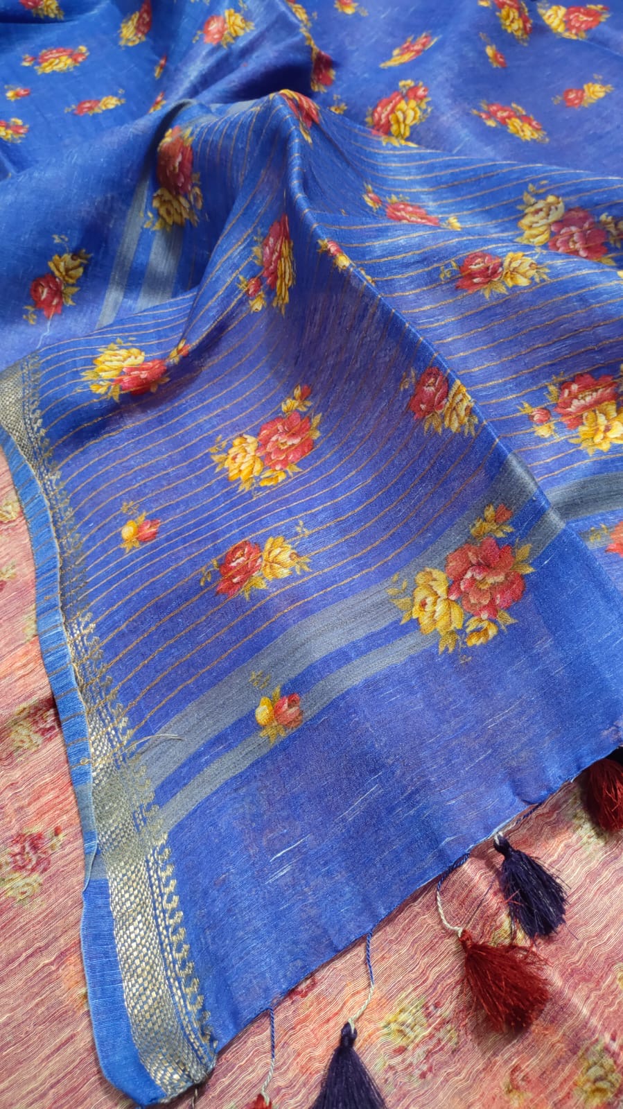 Blue Shade Floral Printed Silk Linen Saree | KIHUMS Saree