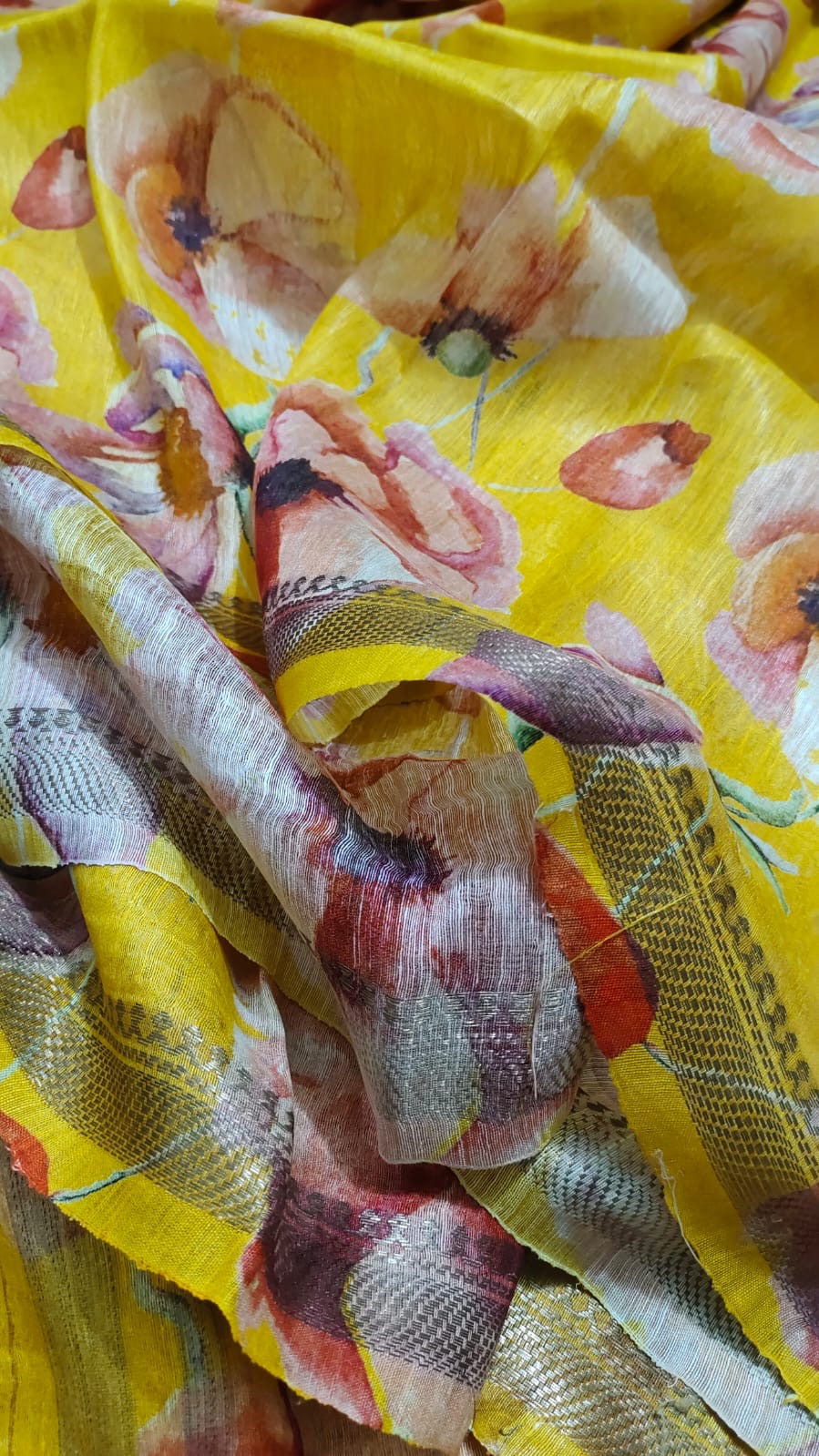 Yellow Shade Floral Printed Silk Linen Saree | KIHUMS Saree