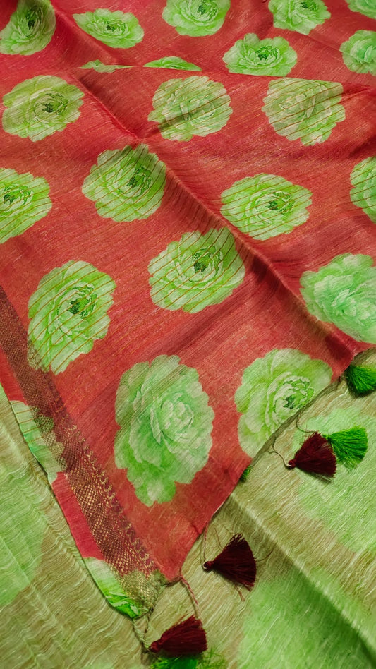 Red Shade Floral Printed Silk Linen Saree | KIHUMS Saree