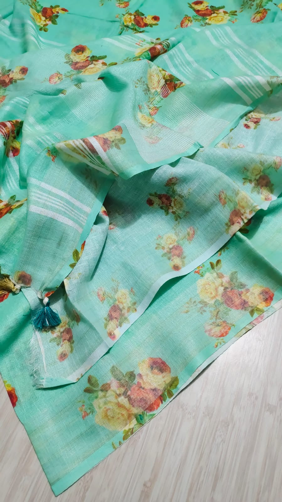 Green Floral Printed linen saree I Silver Zari BorderI Handwoven Saree I Pretty Sari | KIHUMS Saree