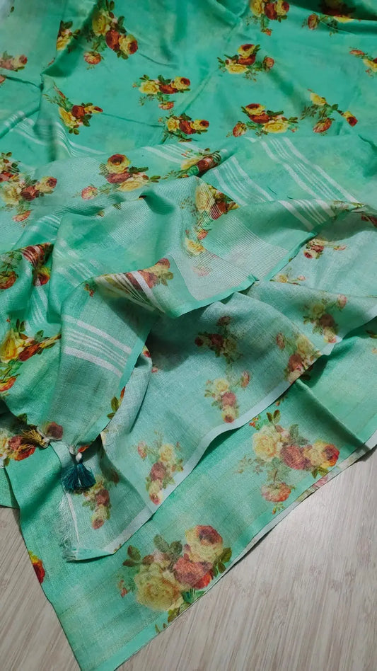 Green Floral Printed linen saree I Silver Zari BorderI Handwoven Saree I Pretty Sari | KIHUMS Saree kihums clothing