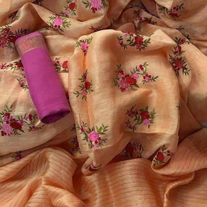 Light Orange Shade Handmade Silk Linen Saree | Embroidery work | KIHUMS Saree