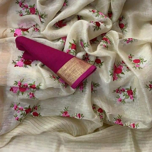 Off White Shade Handmade Silk Linen Saree | Embroidery work | KIHUMS Saree