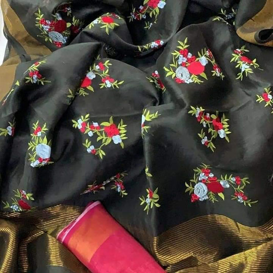 Black Shade Handmade Silk Linen Saree | Embroidery work | KIHUMS Saree