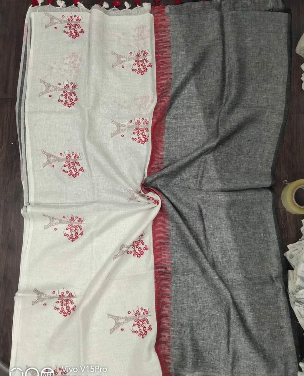 White and Grey Shade Handmade Linen Saree | Embroidery work | KIHUMS Saree