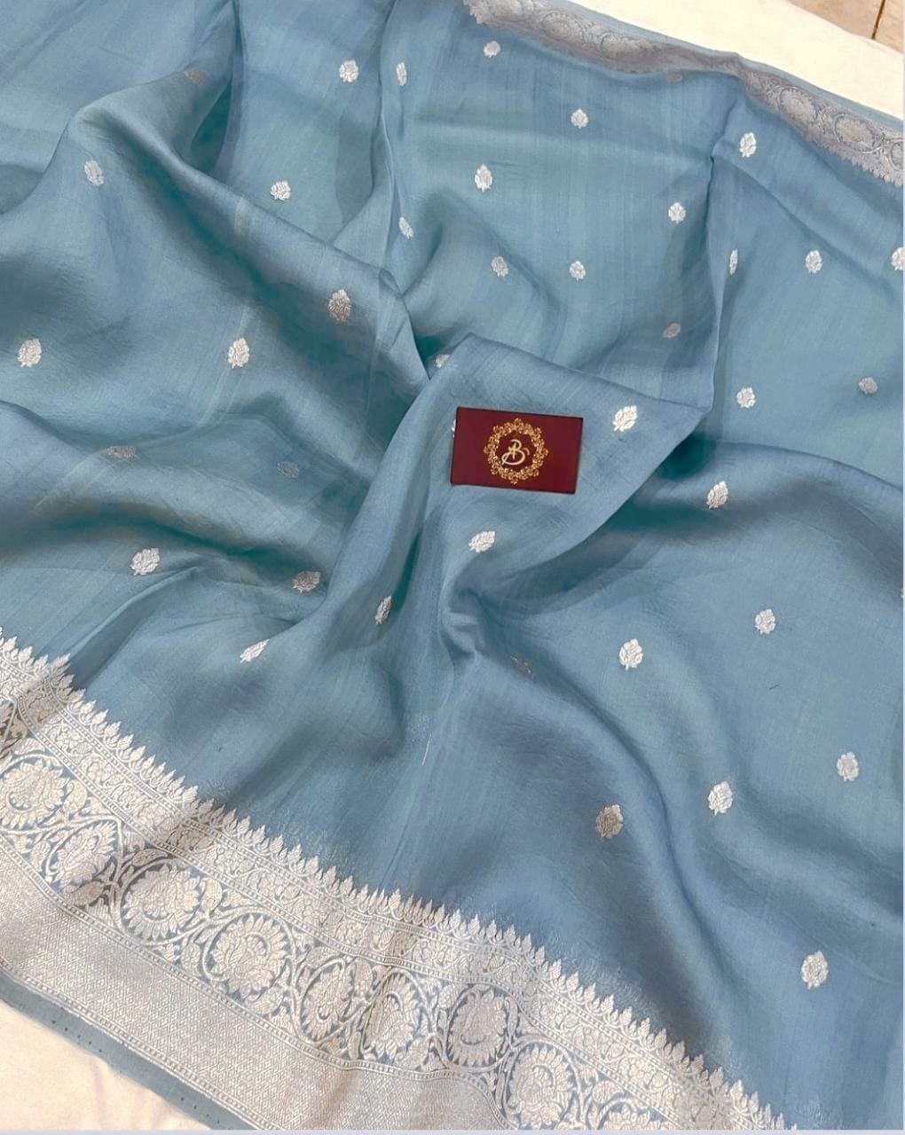 Dusty blue Organza Silk Saree |Zari motifs & Zari Meenakari Border | KIHUMS Saree