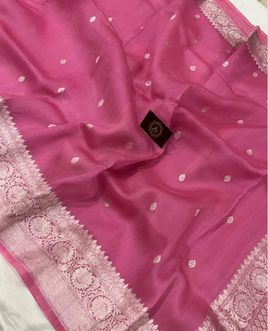 Magenta Pink Shade Organza Silk Saree |Zari motifs & Zari Meenakari Border | KIHUMS Saree