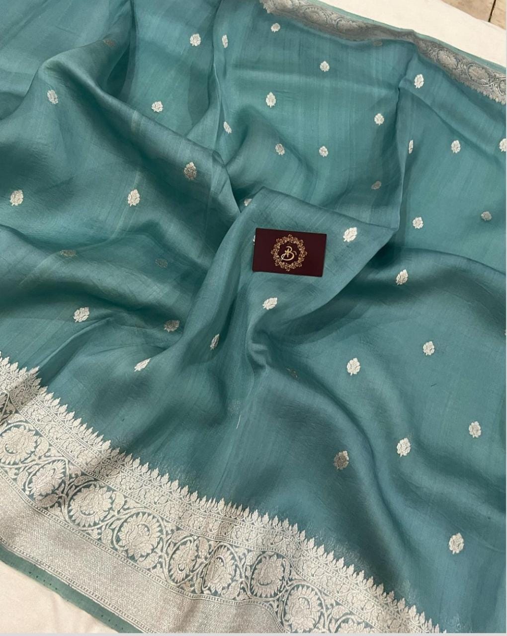 Dusty Green Organza Silk Saree |Zari motifs & Zari Meenakari Border | KIHUMS Saree