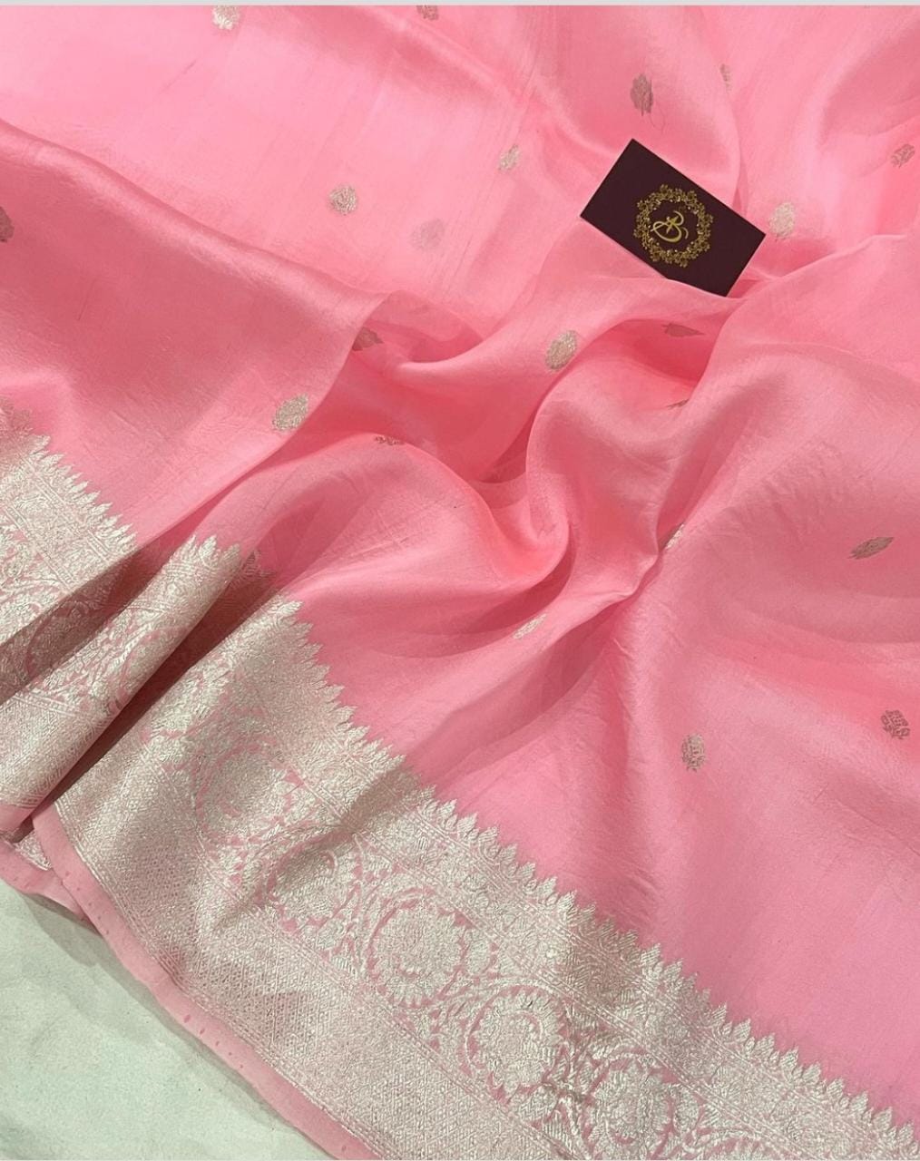 Baby Pink Shade Organza Silk Saree |Zari motifs & Zari Meenakari Border | KIHUMS Saree