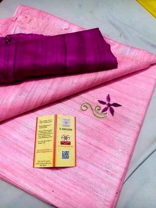 Pink Shade Handwoven Tussar Silk Saree | Embroidery work | KIHUMS Saree