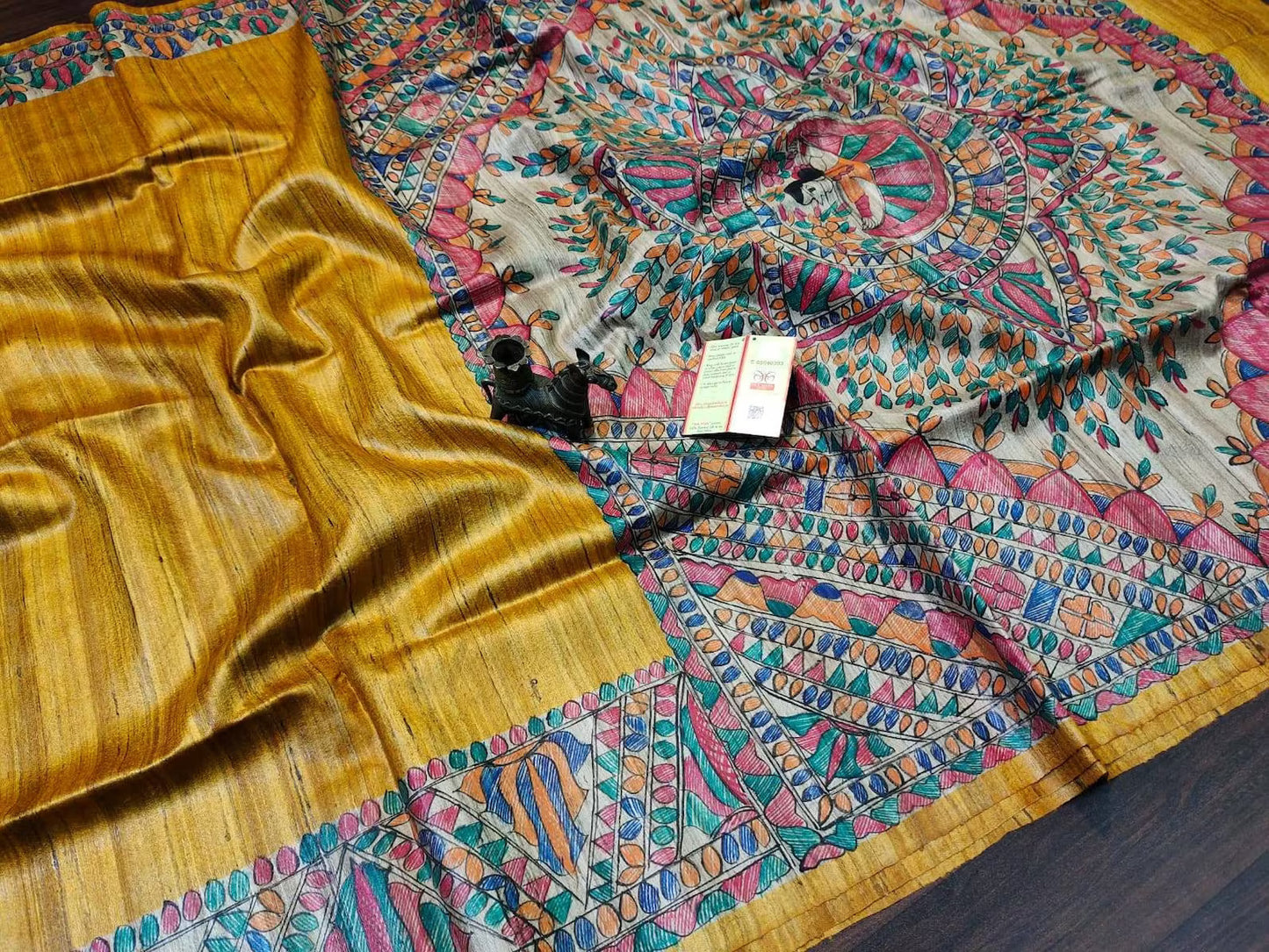 Yellow shade Handwoven Tussar Silk Saree |Handpainted work | KIHUMS Saree