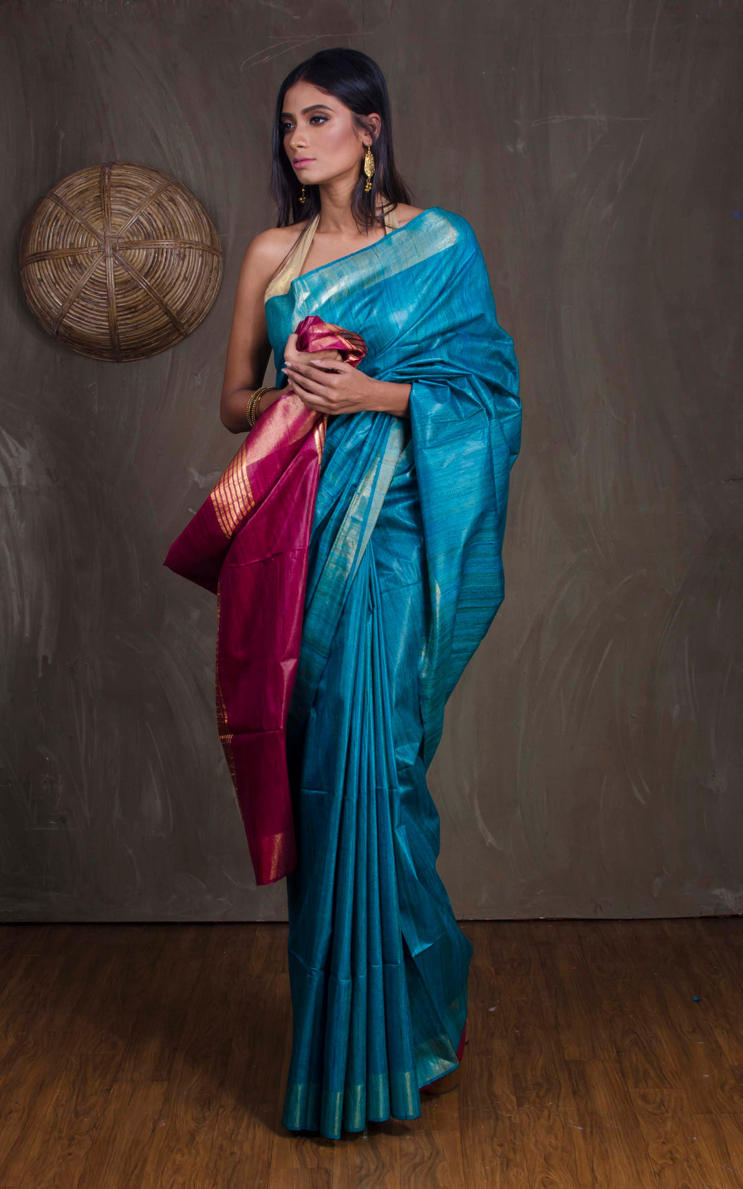 Blue Handwoven Tussar Silk Saree | KIHUMS Saree