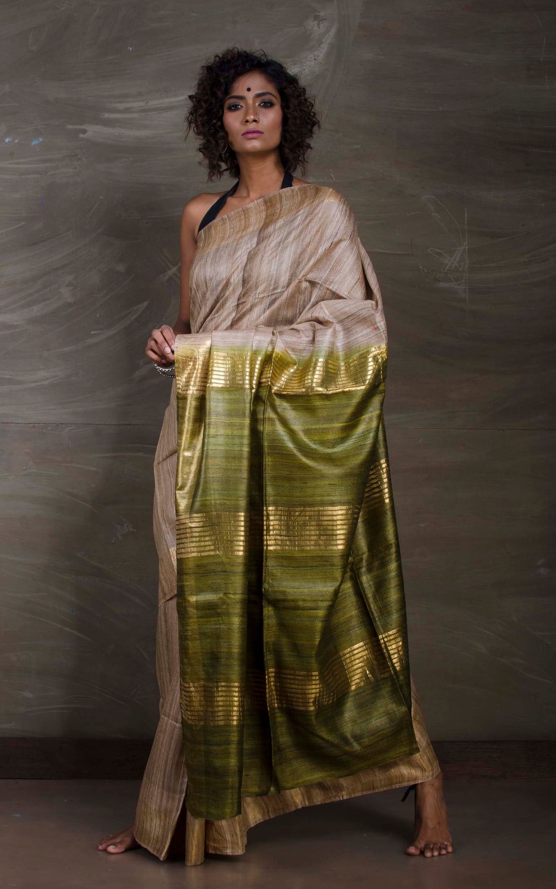 Beige Handwoven Tussar Silk Saree | KIHUMS Saree