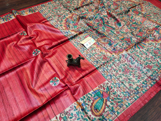 Dark Red shade Handwoven Tussar Silk Saree |Handpainted work | KIHUMS Saree