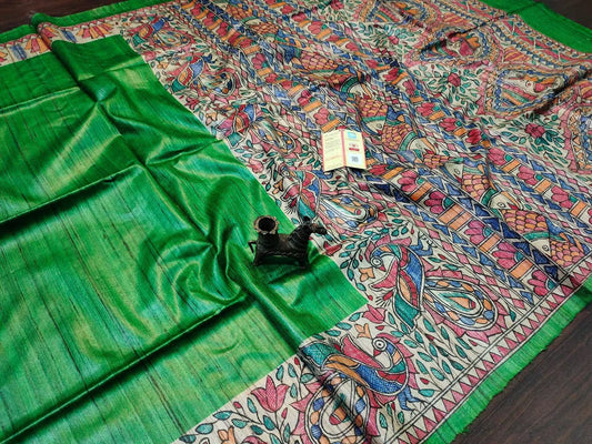 Green shade Handwoven Tussar Silk Saree |Handpainted work | KIHUMS Saree